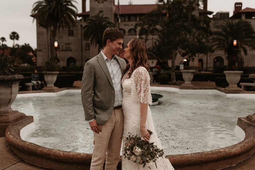 Bride and Groom in front of the Lightner Museum in St. Augustine Florida during their elopement