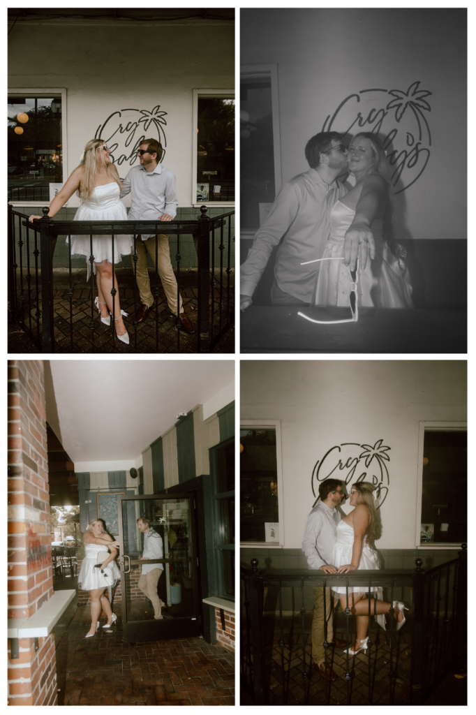 Kelsey and Jon outside of Cry Baby's Bar in Downtown Gainesville for their engagement session