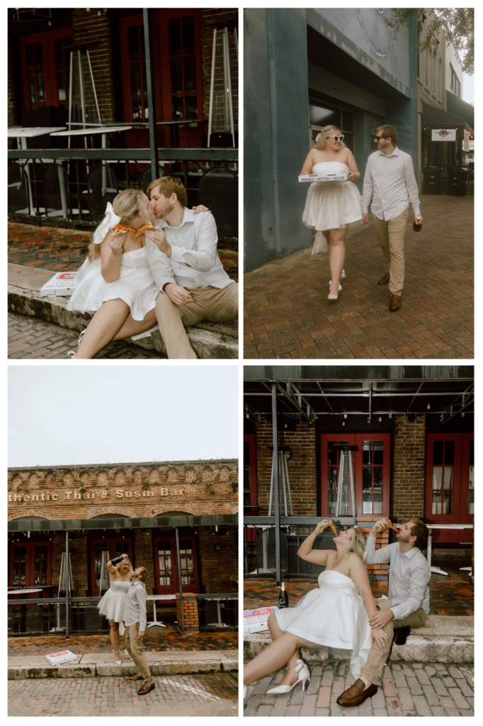 Kelsey and Jon enjoy five star pizza during their engagement session on the cobble stone street on Gainesville Florida