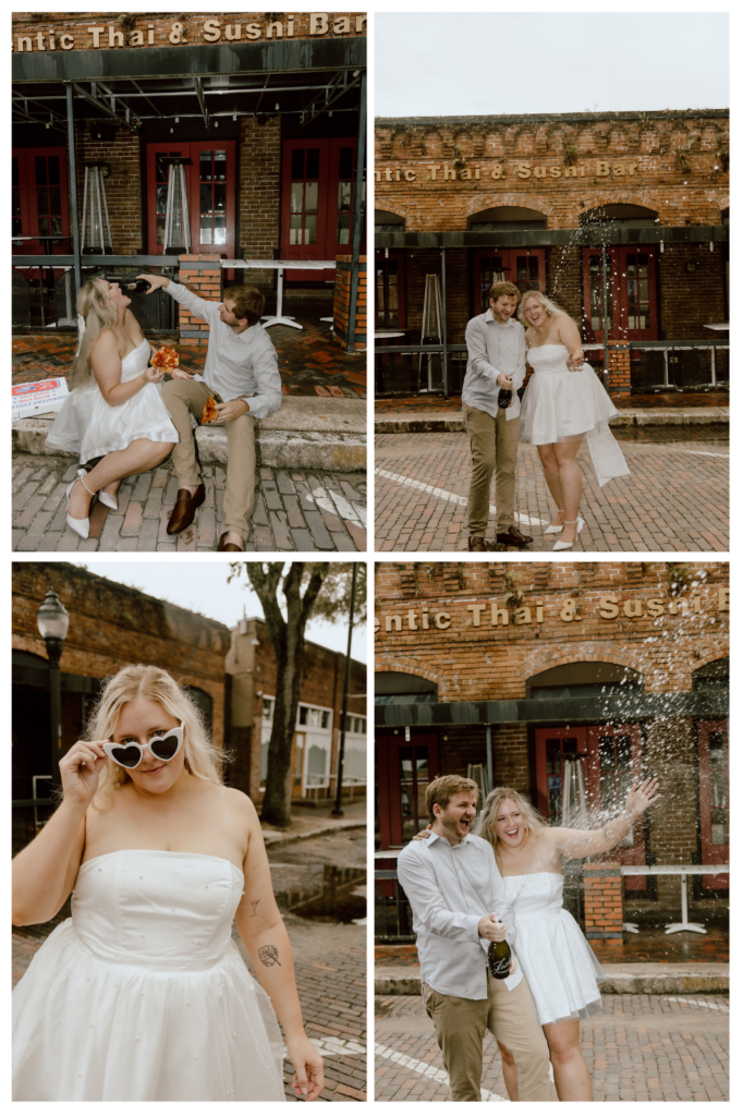 Downtown Gainesville Engagement session where Kelsey and Jon pop a bottle of champagne