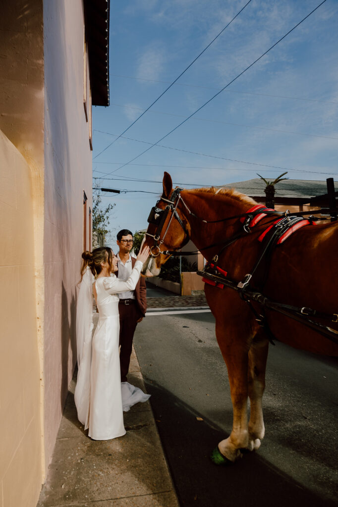 Bride petting horse on her elopement day